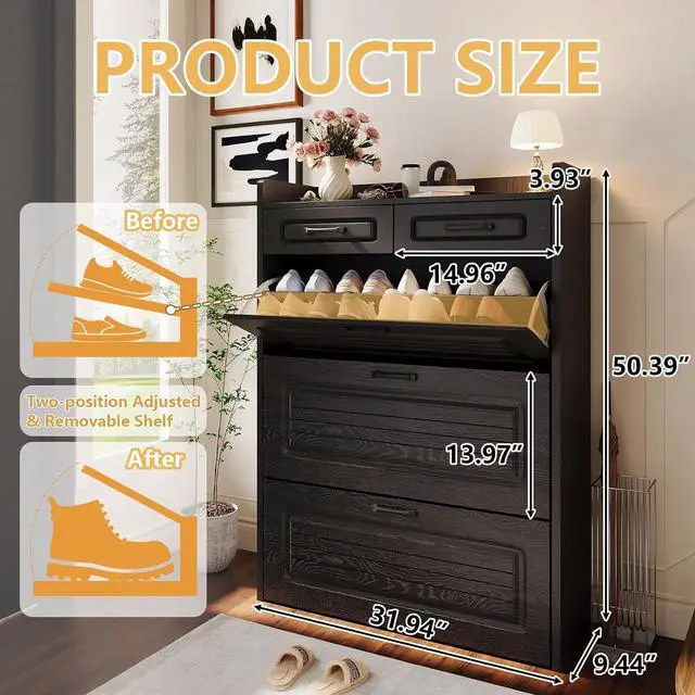 Alt view image 2 of 7 - Shoe Cabinet with 2 Storage Drawers & 3 Large Flip Drawers for Entryway, Narrow Wood Shoe Storage Cabinet, Freestanding Hidden Shoe Organizer for Hallway, Living Room, Home & Apartment(Black)