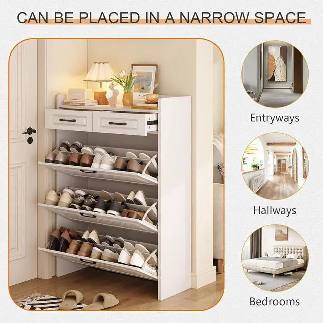 Alt view image 6 of 6 - Shoe Cabinet with 2 Storage Drawers & 3 Large Flip Drawers for Entryway, Narrow Wood Shoe Storage Cabinet, Freestanding Hidden Shoe Organizer for Hallway, Living Room, Home & Apartment(White,Style A)