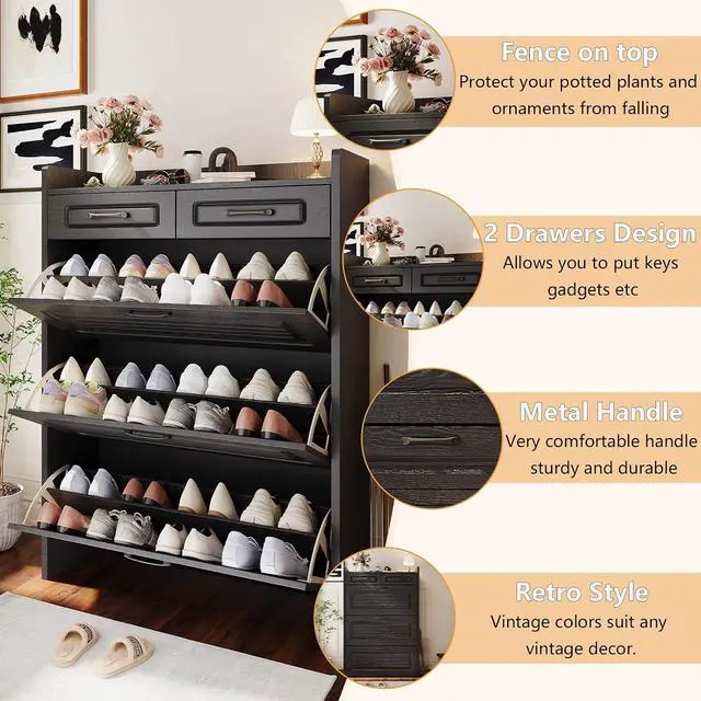 Alt view image 4 of 7 - Shoe Cabinet with 2 Storage Drawers & 3 Large Flip Drawers for Entryway, Narrow Wood Shoe Storage Cabinet, Freestanding Hidden Shoe Organizer for Hallway, Living Room, Home & Apartment(Black)