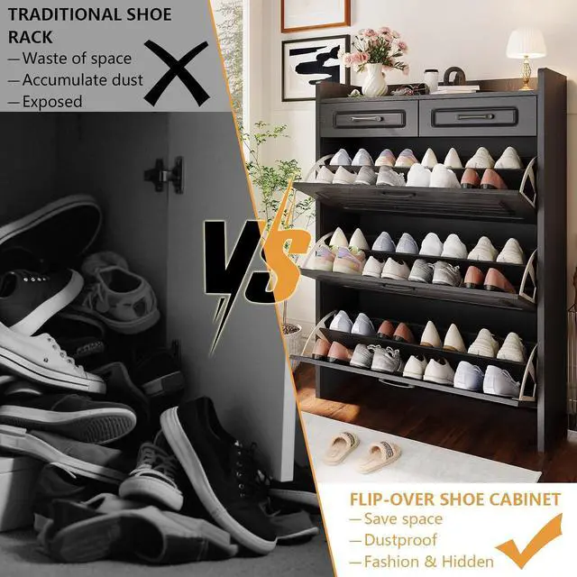 Alt view image 5 of 7 - Shoe Cabinet with 2 Storage Drawers & 3 Large Flip Drawers for Entryway, Narrow Wood Shoe Storage Cabinet, Freestanding Hidden Shoe Organizer for Hallway, Living Room, Home & Apartment(Black)