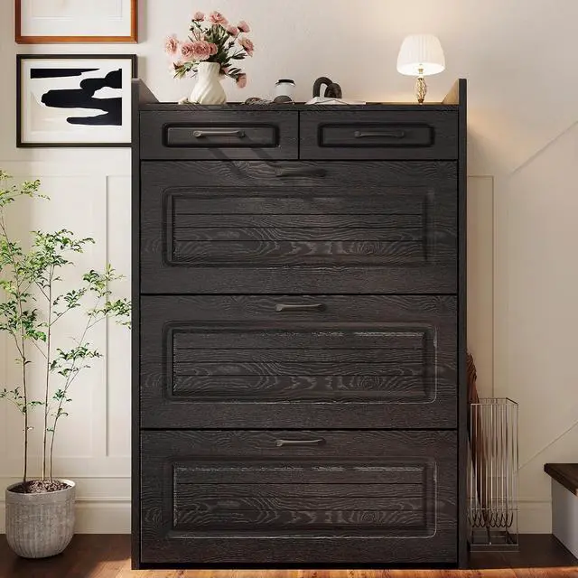 Alt view image 6 of 7 - Shoe Cabinet with 2 Storage Drawers & 3 Large Flip Drawers for Entryway, Narrow Wood Shoe Storage Cabinet, Freestanding Hidden Shoe Organizer for Hallway, Living Room, Home & Apartment(Black)