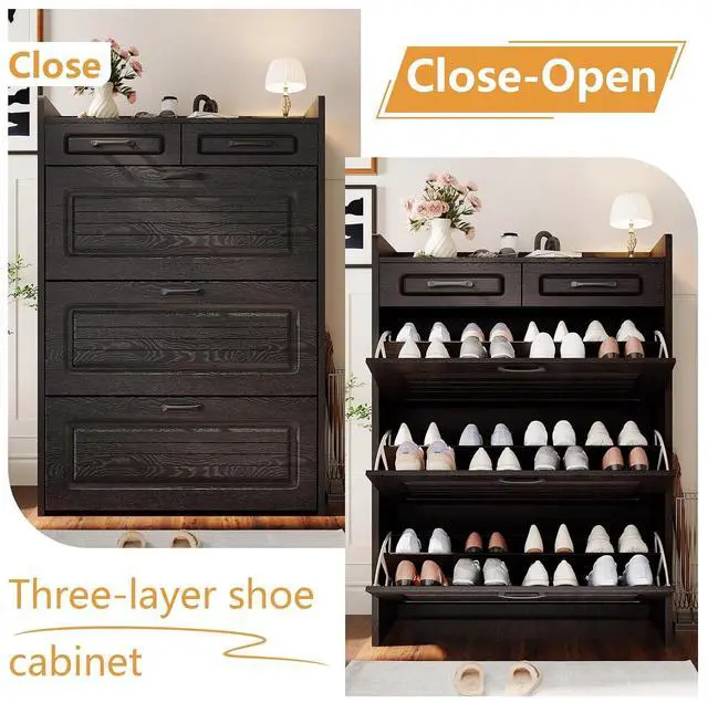 Alt view image 3 of 7 - Shoe Cabinet with 2 Storage Drawers & 3 Large Flip Drawers for Entryway, Narrow Wood Shoe Storage Cabinet, Freestanding Hidden Shoe Organizer for Hallway, Living Room, Home & Apartment(Black)