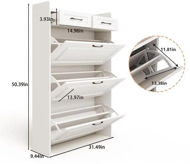 Alt view image 2 of 6 - Shoe Cabinet with 2 Storage Drawers & 3 Large Flip Drawers for Entryway, Narrow Wood Shoe Storage Cabinet, Freestanding Hidden Shoe Organizer for Hallway, Living Room, Home & Apartment(White,Style A)