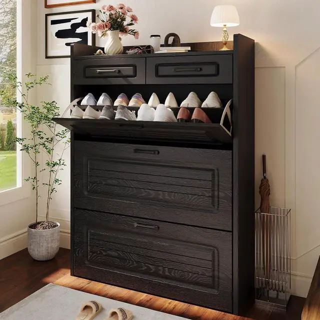 Alt view image 7 of 7 - Shoe Cabinet with 2 Storage Drawers & 3 Large Flip Drawers for Entryway, Narrow Wood Shoe Storage Cabinet, Freestanding Hidden Shoe Organizer for Hallway, Living Room, Home & Apartment(Black)