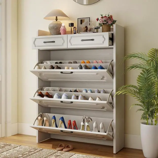 Alt view image 3 of 7 - Shoe Cabinet with 2 Storage Drawers & 3 Large Flip Drawers for Entryway, Narrow Wood Shoe Storage Cabinet, Freestanding Hidden Shoe Organizer for Hallway, Living Room, Home & Apartment (White,Style B)