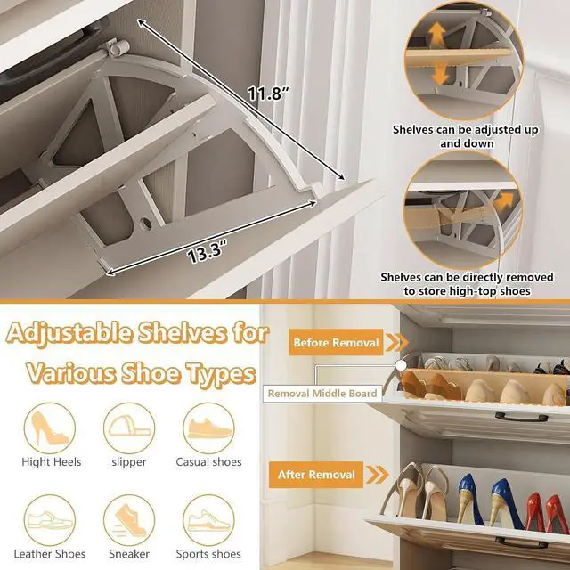 Alt view image 4 of 7 - Shoe Cabinet with 2 Storage Drawers & 3 Large Flip Drawers for Entryway, Narrow Wood Shoe Storage Cabinet, Freestanding Hidden Shoe Organizer for Hallway, Living Room, Home & Apartment (White,Style B)