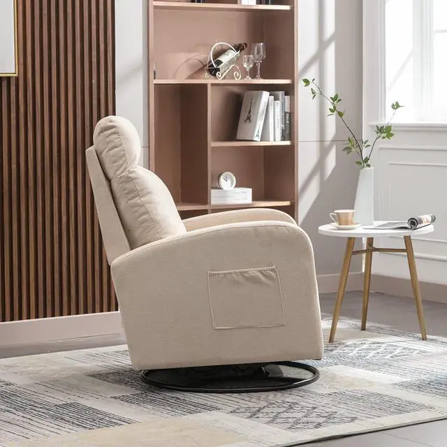 Alt view image 3 of 7 - Swivel Rocking ChairNursery Swivel Glide Armchair Linden Fabric Upholstered Modern Rocking Chairs with High Backrest for Nursery, Bedroom, Living RoomBeige