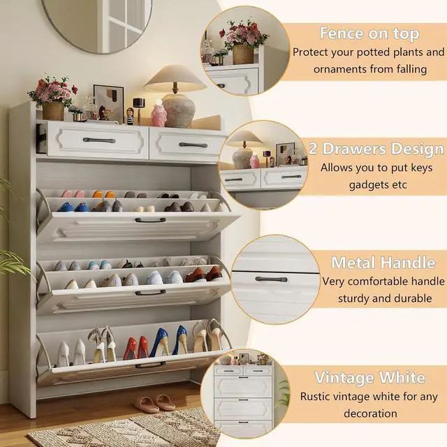 Alt view image 5 of 7 - Shoe Cabinet with 2 Storage Drawers & 3 Large Flip Drawers for Entryway, Narrow Wood Shoe Storage Cabinet, Freestanding Hidden Shoe Organizer for Hallway, Living Room, Home & Apartment (White,Style B)