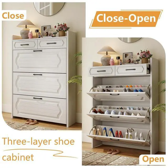 Alt view image 6 of 7 - Shoe Cabinet with 2 Storage Drawers & 3 Large Flip Drawers for Entryway, Narrow Wood Shoe Storage Cabinet, Freestanding Hidden Shoe Organizer for Hallway, Living Room, Home & Apartment (White,Style B)