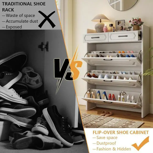 Alt view image 7 of 7 - Shoe Cabinet with 2 Storage Drawers & 3 Large Flip Drawers for Entryway, Narrow Wood Shoe Storage Cabinet, Freestanding Hidden Shoe Organizer for Hallway, Living Room, Home & Apartment (White,Style B)