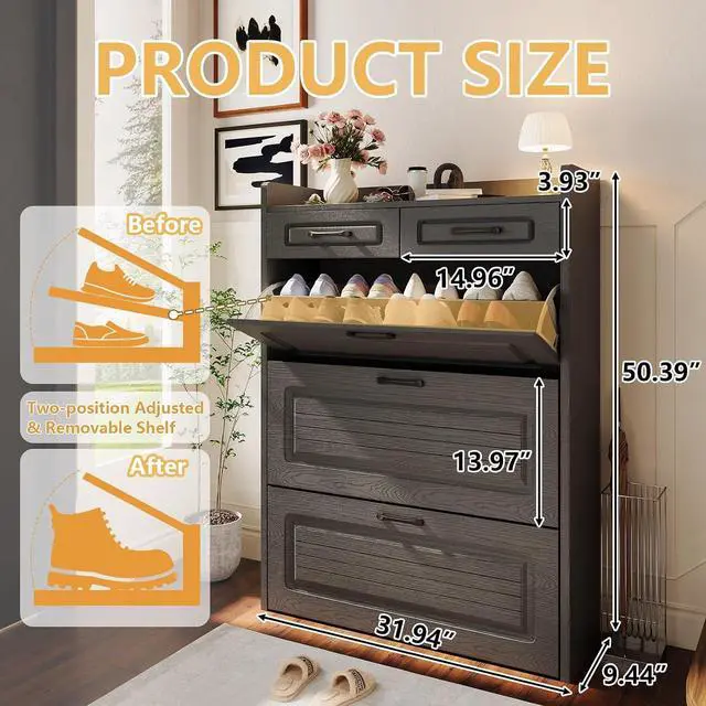 Alt view image 2 of 7 - Shoe Cabinet with 2 Storage Drawers & 3 Large Flip Drawers for Entryway, Narrow Wood Shoe Storage Cabinet, Freestanding Hidden Shoe Organizer for Hallway, Living Room, Home & Apartment(Iron Gray)