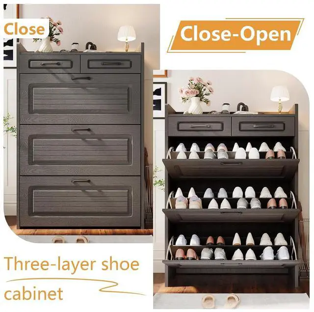 Alt view image 3 of 7 - Shoe Cabinet with 2 Storage Drawers & 3 Large Flip Drawers for Entryway, Narrow Wood Shoe Storage Cabinet, Freestanding Hidden Shoe Organizer for Hallway, Living Room, Home & Apartment(Iron Gray)