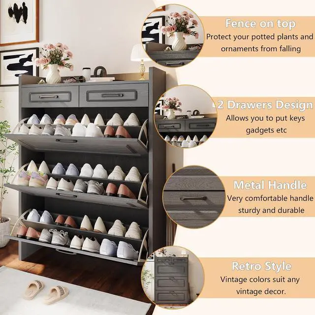 Alt view image 4 of 7 - Shoe Cabinet with 2 Storage Drawers & 3 Large Flip Drawers for Entryway, Narrow Wood Shoe Storage Cabinet, Freestanding Hidden Shoe Organizer for Hallway, Living Room, Home & Apartment(Iron Gray)