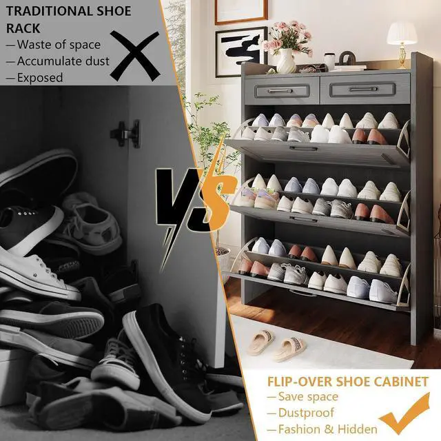 Alt view image 5 of 7 - Shoe Cabinet with 2 Storage Drawers & 3 Large Flip Drawers for Entryway, Narrow Wood Shoe Storage Cabinet, Freestanding Hidden Shoe Organizer for Hallway, Living Room, Home & Apartment(Iron Gray)