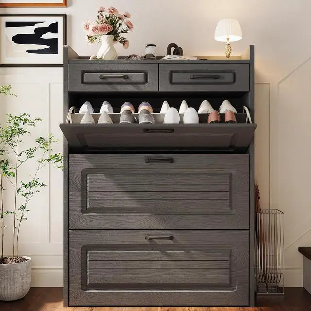 Alt view image 7 of 7 - Shoe Cabinet with 2 Storage Drawers & 3 Large Flip Drawers for Entryway, Narrow Wood Shoe Storage Cabinet, Freestanding Hidden Shoe Organizer for Hallway, Living Room, Home & Apartment(Iron Gray)