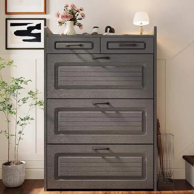 Main image of Shoe Cabinet with 2 Storage Drawers & 3 Large Flip Drawers for Entryway, Narrow Wood Shoe Storage Cabinet, Freestanding Hidden Shoe Organizer for Hallway, Living Room, Home & Apartment(Iron Gray)