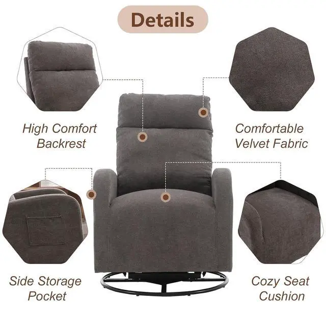 Alt view image 4 of 7 - Swivel Rocking ChairNursery Swivel Glide Armchair Linden Fabric Upholstered Modern Rocking Chairs with High Backrest for Nursery, Bedroom, Living RoomDark Gray