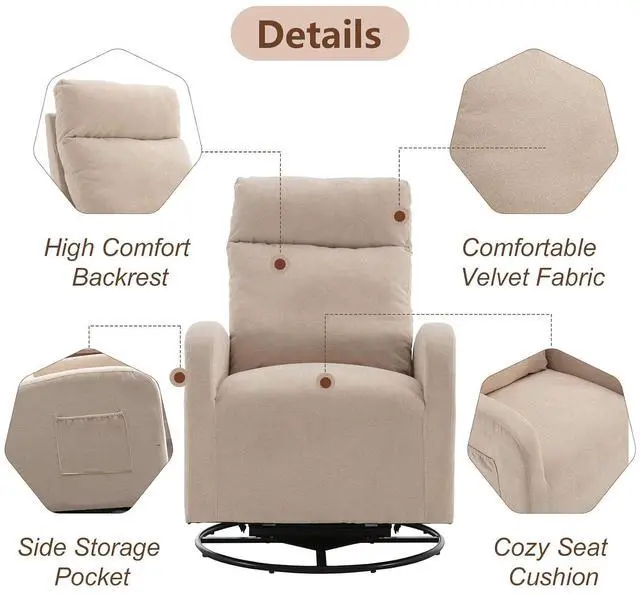 Alt view image 4 of 7 - Swivel Rocking ChairNursery Swivel Glide Armchair Linden Fabric Upholstered Modern Rocking Chairs for Nursery, Bedroom, Living RoomBeige