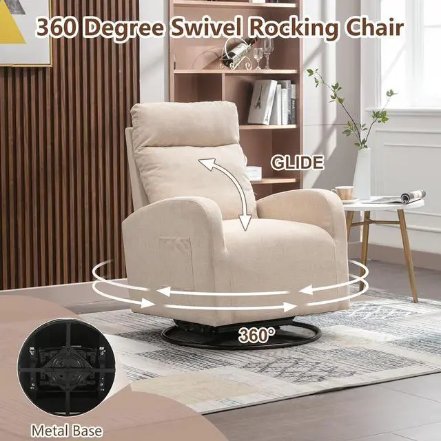 Alt view image 5 of 7 - Swivel Rocking ChairNursery Swivel Glide Armchair Linden Fabric Upholstered Modern Rocking Chairs for Nursery, Bedroom, Living RoomBeige