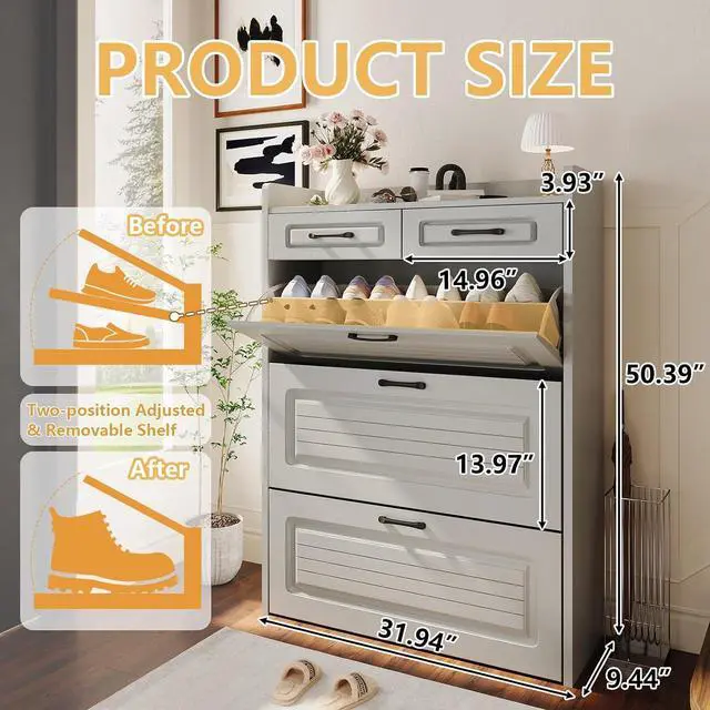 Alt view image 2 of 7 - Shoe Cabinet with 2 Storage Drawers & 3 Large Flip Drawers for Entryway, Narrow Wood Shoe Storage Cabinet, Freestanding Hidden Shoe Organizer for Hallway, Living Room, Home & Apartment (Grey)