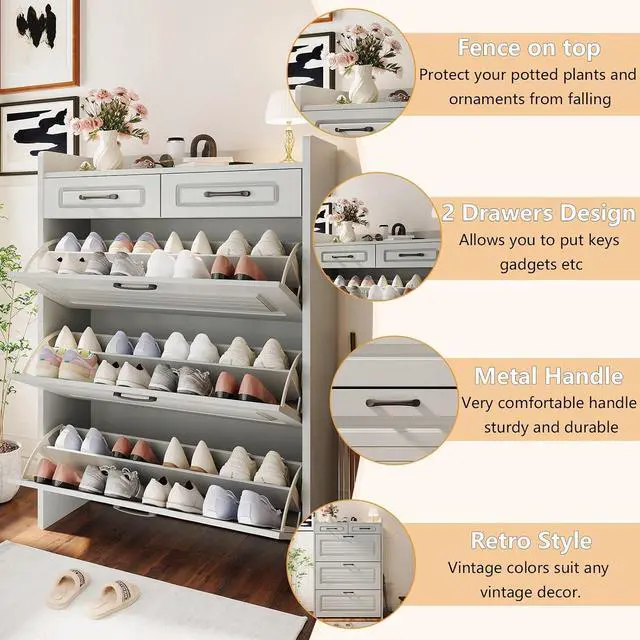Alt view image 4 of 7 - Shoe Cabinet with 2 Storage Drawers & 3 Large Flip Drawers for Entryway, Narrow Wood Shoe Storage Cabinet, Freestanding Hidden Shoe Organizer for Hallway, Living Room, Home & Apartment (Grey)