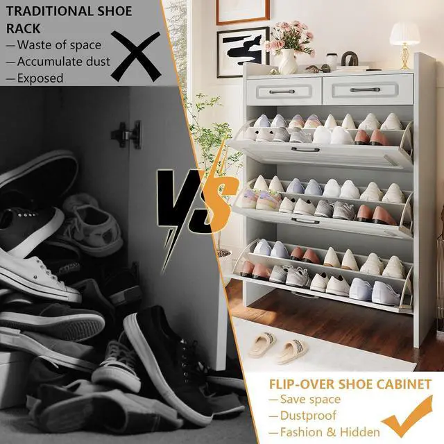 Alt view image 5 of 7 - Shoe Cabinet with 2 Storage Drawers & 3 Large Flip Drawers for Entryway, Narrow Wood Shoe Storage Cabinet, Freestanding Hidden Shoe Organizer for Hallway, Living Room, Home & Apartment (Grey)