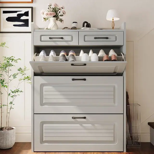 Alt view image 6 of 7 - Shoe Cabinet with 2 Storage Drawers & 3 Large Flip Drawers for Entryway, Narrow Wood Shoe Storage Cabinet, Freestanding Hidden Shoe Organizer for Hallway, Living Room, Home & Apartment (Grey)