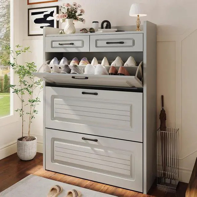 Alt view image 7 of 7 - Shoe Cabinet with 2 Storage Drawers & 3 Large Flip Drawers for Entryway, Narrow Wood Shoe Storage Cabinet, Freestanding Hidden Shoe Organizer for Hallway, Living Room, Home & Apartment (Grey)