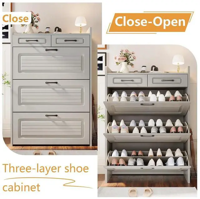 Alt view image 3 of 7 - Shoe Cabinet with 2 Storage Drawers & 3 Large Flip Drawers for Entryway, Narrow Wood Shoe Storage Cabinet, Freestanding Hidden Shoe Organizer for Hallway, Living Room, Home & Apartment (Grey)