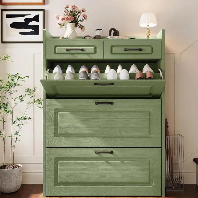 Main image of Shoe Cabinet with 2 Storage Drawers & 3 Large Flip Drawers for Entryway, Narrow Wood Shoe Storage Cabinet, Freestanding Hidden Shoe Organizer for Hallway, Living Room, Home & Apartment(Green)