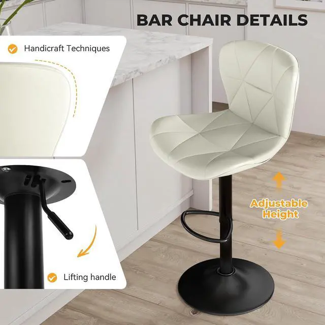 Alt view image 3 of 5 - 2/4PCS Bar Stools Modern PU Leather Adjustable Swivel Barstools, Armless Hydraulic Kitchen Counter Bar Stool Extra Height Square Island Barstool (White, Set of 2)