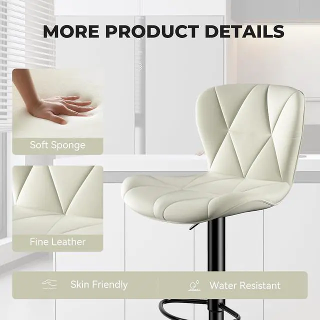 Alt view image 5 of 5 - 2/4PCS Bar Stools Modern PU Leather Adjustable Swivel Barstools, Armless Hydraulic Kitchen Counter Bar Stool Extra Height Square Island Barstool (White, Set of 2)