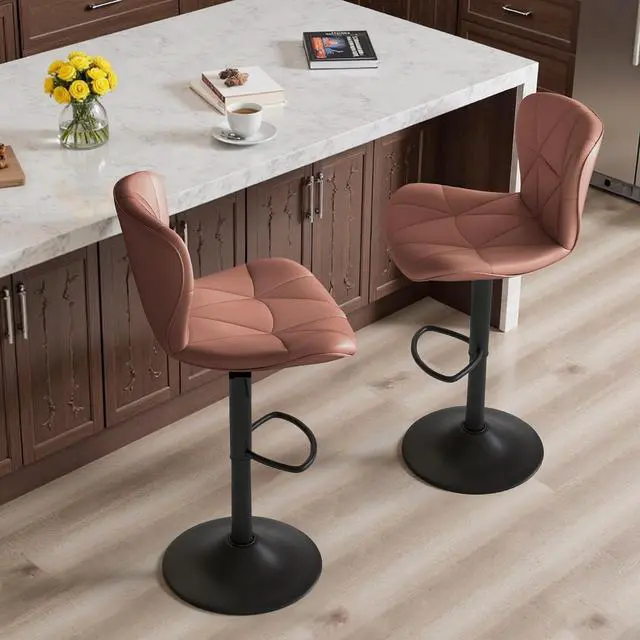 Alt view image 3 of 6 - 2/4PCS Bar Stools Modern PU Leather Adjustable Swivel Barstools, Armless Hydraulic Kitchen Counter Bar Stool Extra Height Square Island Barstool (Brown, Set of 4)
