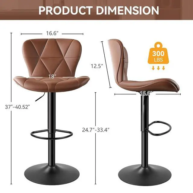 Alt view image 2 of 6 - 2/4PCS Bar Stools Modern PU Leather Adjustable Swivel Barstools, Armless Hydraulic Kitchen Counter Bar Stool Extra Height Square Island Barstool (Brown, Set of 4)