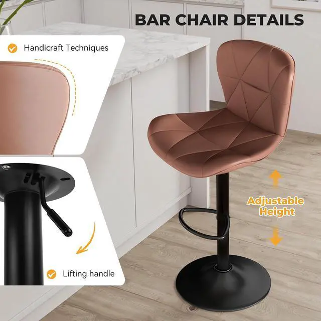 Alt view image 4 of 6 - 2/4PCS Bar Stools Modern PU Leather Adjustable Swivel Barstools, Armless Hydraulic Kitchen Counter Bar Stool Extra Height Square Island Barstool (Brown, Set of 4)