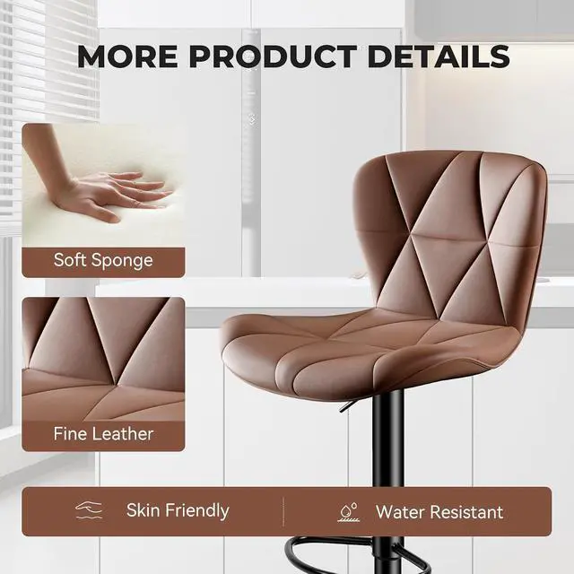 Alt view image 6 of 6 - 2/4PCS Bar Stools Modern PU Leather Adjustable Swivel Barstools, Armless Hydraulic Kitchen Counter Bar Stool Extra Height Square Island Barstool (Brown, Set of 4)