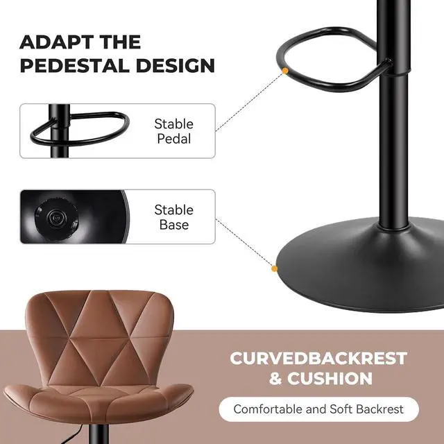 Alt view image 5 of 6 - 2/4PCS Bar Stools Modern PU Leather Adjustable Swivel Barstools, Armless Hydraulic Kitchen Counter Bar Stool Extra Height Square Island Barstool (Brown, Set of 4)
