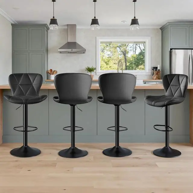 Main image of 2/4PCS Bar Stools Modern PU Leather Adjustable Swivel Barstools, Armless Hydraulic Kitchen Counter Bar Stool Extra Height Square Island Barstool (Black, Set of 4)