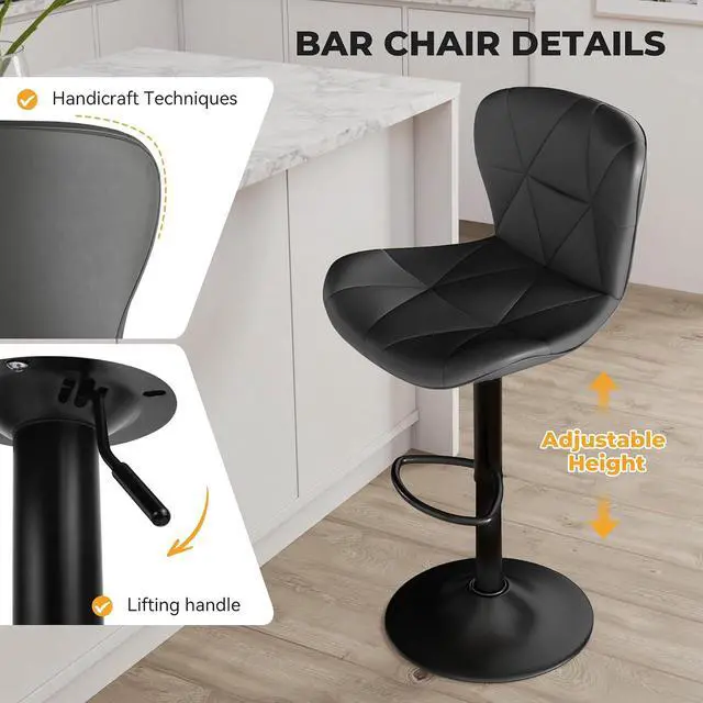 Alt view image 3 of 5 - 2/4PCS Bar Stools Modern PU Leather Adjustable Swivel Barstools, Armless Hydraulic Kitchen Counter Bar Stool Extra Height Square Island Barstool (Black, Set of 4)
