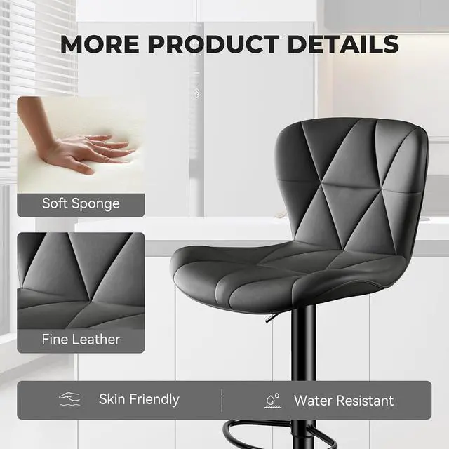 Alt view image 5 of 5 - 2/4PCS Bar Stools Modern PU Leather Adjustable Swivel Barstools, Armless Hydraulic Kitchen Counter Bar Stool Extra Height Square Island Barstool (Black, Set of 4)