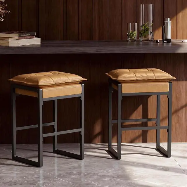 Alt view image 2 of 6 - Bar Stools, Counter Height Bar Stools, Faux Leather Stitched Bar Stools, Modern Counter Stools for Kitchen Bar Dining Room, Brown