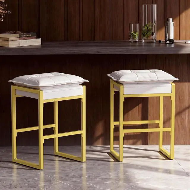 Alt view image 2 of 6 - Bar Stools, Counter Height Bar Stools, Faux Leather Stitched Bar Stools, Modern Counter Stools for Kitchen Bar Dining Room, Beige