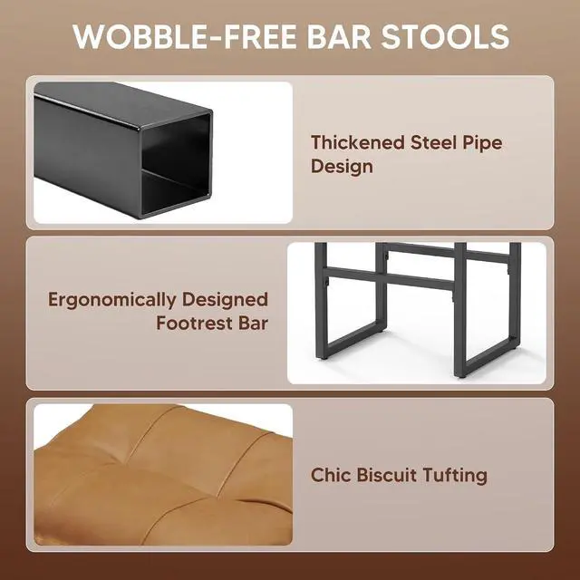 Alt view image 6 of 6 - Bar Stools, Counter Height Bar Stools, Faux Leather Stitched Bar Stools, Modern Counter Stools for Kitchen Bar Dining Room, Brown