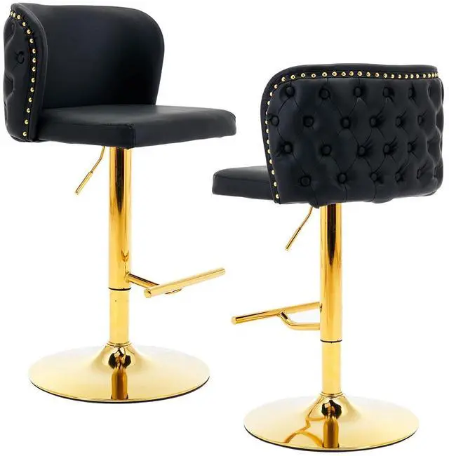 Main image of Leather Bar Stools Set of 2,PU Upholstered Swivel Counter Height Bar Stools,Modern Adjustable High Barstools with Backs Metal Tall Kitchen Island Chairs for Home Bar (Black Gold,Set of 2)