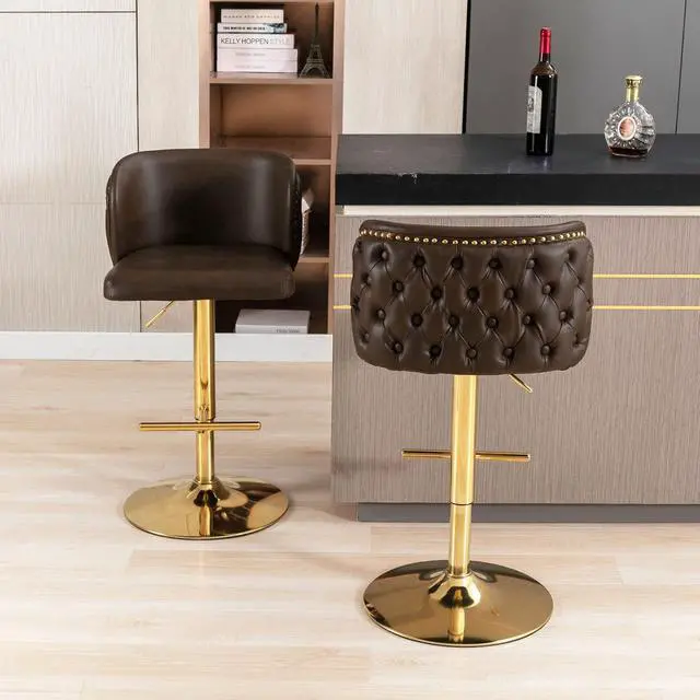 Alt view image 2 of 6 - Leather Bar Stools Set of 2,Upholstered Swivel Counter Height Bar StoolsModern Adjustable High PU Barstools with Backs Metal Tall Kitchen Island Chairs for Home Bar& Counter Stools(Brown,Set of 2)