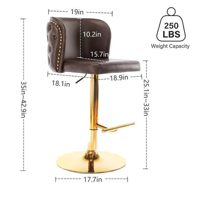 Alt view image 3 of 6 - Leather Bar Stools Set of 2,Upholstered Swivel Counter Height Bar StoolsModern Adjustable High PU Barstools with Backs Metal Tall Kitchen Island Chairs for Home Bar& Counter Stools(Brown,Set of 2)