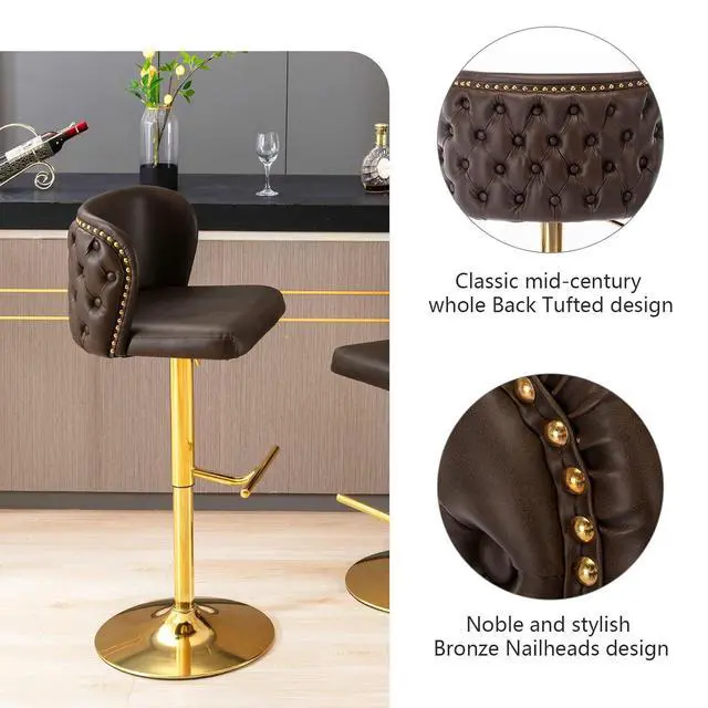 Alt view image 5 of 6 - Leather Bar Stools Set of 2,Upholstered Swivel Counter Height Bar StoolsModern Adjustable High PU Barstools with Backs Metal Tall Kitchen Island Chairs for Home Bar& Counter Stools(Brown,Set of 2)