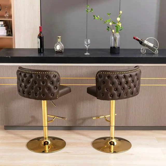 Alt view image 6 of 6 - Leather Bar Stools Set of 2,Upholstered Swivel Counter Height Bar StoolsModern Adjustable High PU Barstools with Backs Metal Tall Kitchen Island Chairs for Home Bar& Counter Stools(Brown,Set of 2)