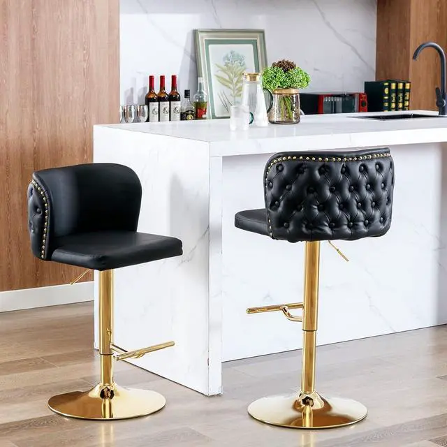 Alt view image 2 of 6 - Leather Bar Stools Set of 4,PU Upholstered Swivel Counter Height Bar Stools,Modern Adjustable High Barstools with Backs Metal Tall Kitchen Island Chairs for Home Bar (Black Gold,Set of 4)