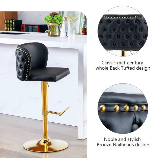 Alt view image 5 of 6 - Leather Bar Stools Set of 4,PU Upholstered Swivel Counter Height Bar Stools,Modern Adjustable High Barstools with Backs Metal Tall Kitchen Island Chairs for Home Bar (Black Gold,Set of 4)